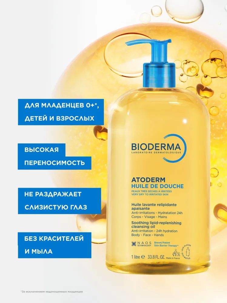 Bioderma Atoderm масло для душа питательное восстанавливающее для сухой чувствительной атопичной кожи, 1 л